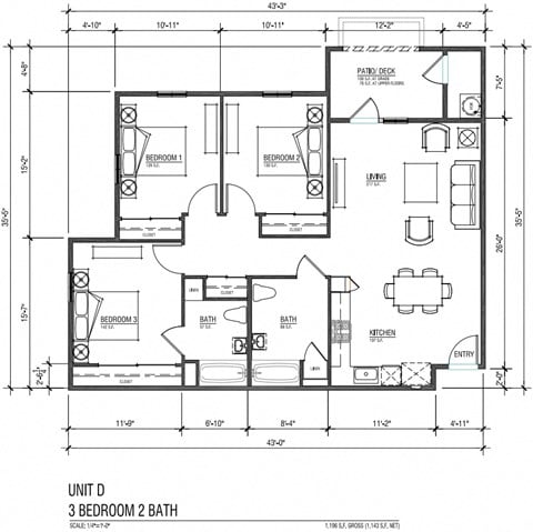 Floor plan for 3 beds, 2 baths, 1196 sqft